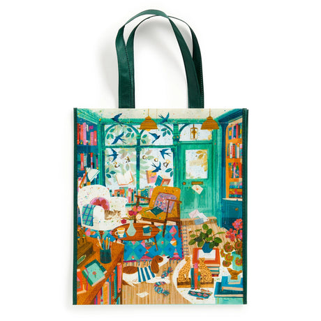 Carry your groceries and essentials in eco-friendly style with the Bookshop Afternoon Reusable Shopping Bag (artwork by Victoria Ball). Lightweight and durable, this bag is crafted from eco-friendly materials, making it the perfect sustainable choice for your shopping trips and travels. Featuring charming artwork inspired by books, it adds a touch of whimsy to your errands. With ample space and sturdy handles, it's perfect for carrying groceries, books, or travel essentials. 