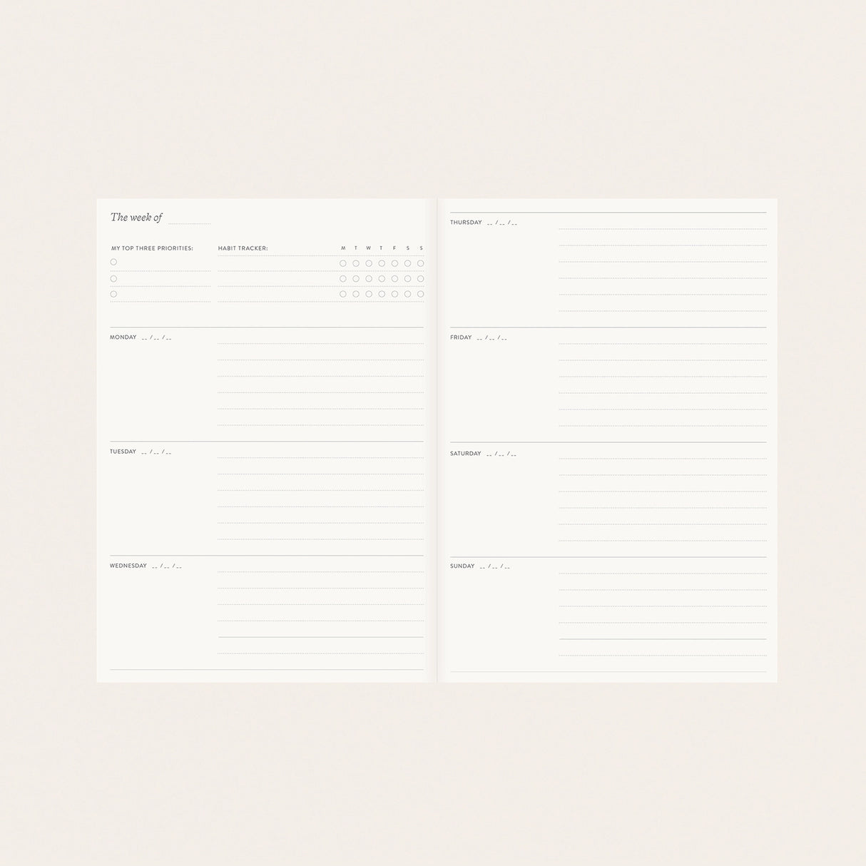 Hand-illustrated luxurious undated planner&nbsp;

Size: 6.25"x 8.5" x 0.75"

&nbsp;Lay-flat binding
Cover printed in full color and gold foil stamped
Matte gold foil-gilded edges ~ Full-color Book linen cloth
Illustrated inner pages
2 satin bookmarks
120 gsm natural white interior pages
Back pocket
Undated with room for 12 months
Birthdays and Special events spread
Monthly view located at the start of each month.
Weekly view
Notes pages