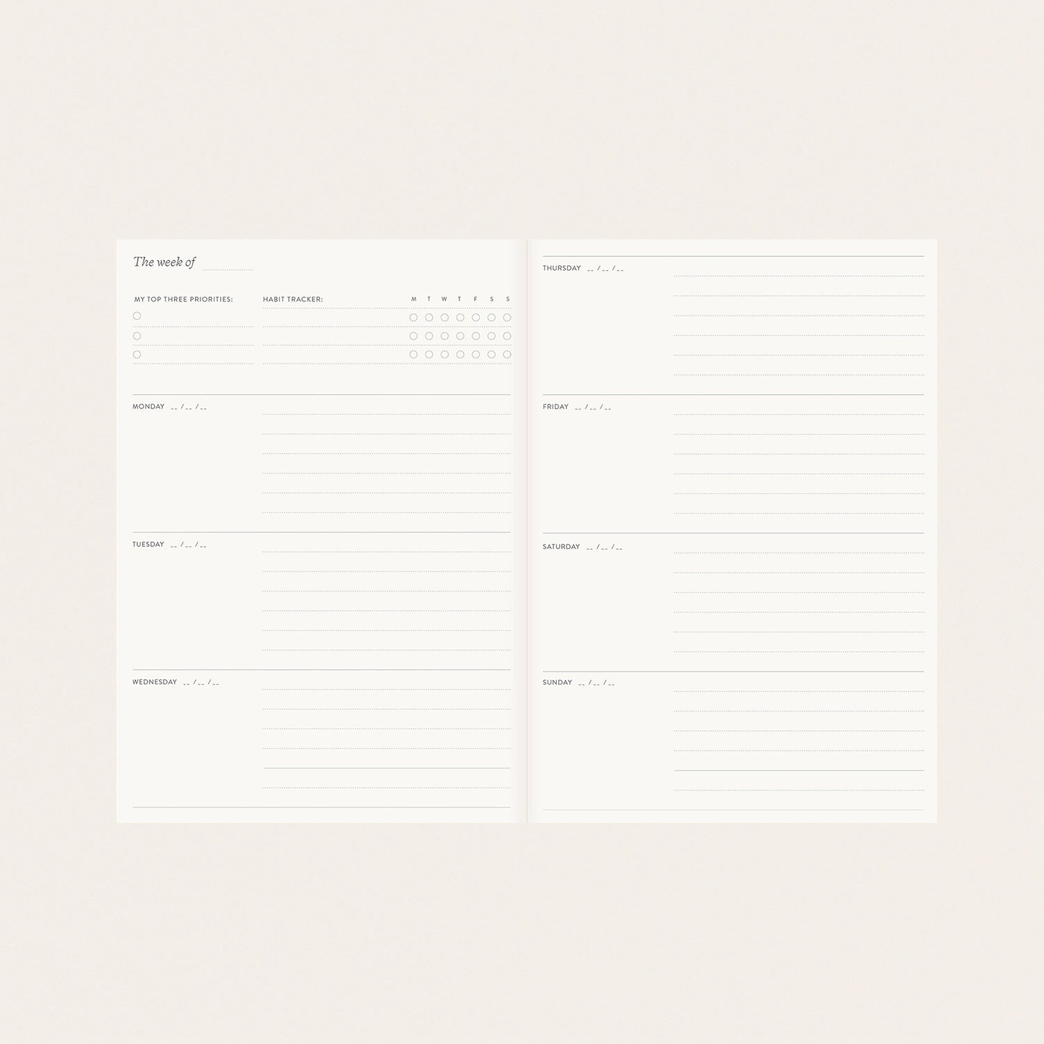 Hand-illustrated luxurious undated planner&nbsp;

Size: 6.25"x 8.5" x 0.75"

&nbsp;Lay-flat binding
Cover printed in full color and gold foil stamped
Matte gold foil-gilded edges ~ Full-color Book linen cloth
Illustrated inner pages
2 satin bookmarks
120 gsm natural white interior pages
Back pocket
Undated with room for 12 months
Birthdays and Special events spread
Monthly view located at the start of each month.
Weekly view
Notes pages