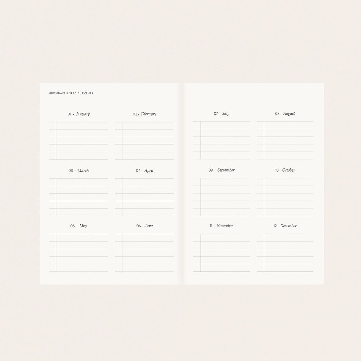 Herbarium | Linen-Bound Undated Planner

Hand-illustrated luxurious undated planner&nbsp;

Size: 6.25"x 8.5" x 0.75"

&nbsp;Lay-flat binding
Cover printed in full color and gold foil stamped
Matte gold foil-gilded edges ~ Full-color Book linen cloth
Illustrated inner pages
2 satin bookmarks
120 gsm natural white interior pages
Back pocket
Undated with room for 12 months
Birthdays and Special events spread
Monthly view located at the start of each month.
Weekly view
Notes pages