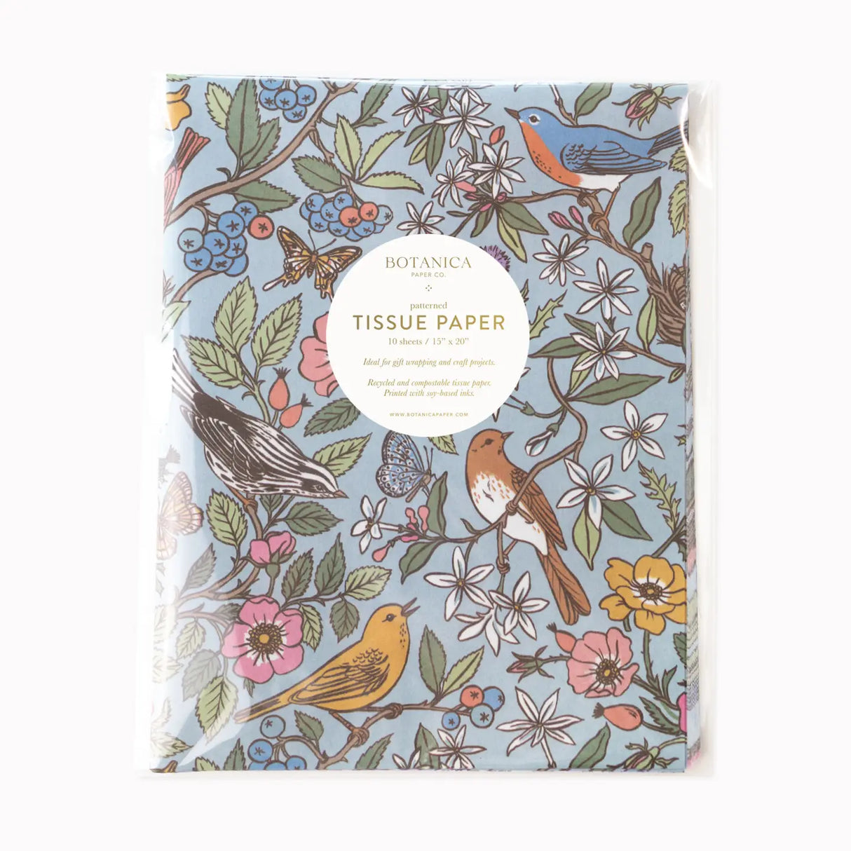Botanica Paper Co. Tissue Paper - Songbirds

Luxurious patterned tissue paper for an exquisite wrapping experience and delightful craft projects.

Pack of 10 sheets
Size: 15" x 20"
Folded and packaged in a clear protective sleeve&nbsp;
Printed with soy-based inks
Recycled and compostable paper