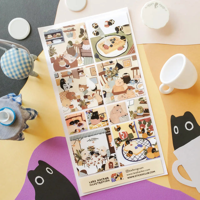 🐻🥞 Morning has never looked sweeter on @kieferngruen’s charming sheet, where fluffy little friends start the day with waffles, coffee, pancakes, and plenty of tiny homey moments. From bees buzzing toward breakfast treats to cozy critters reading the paper, sipping from favorite mugs, and gathering around the table, every scene feels like a soft little peek into their charming morning routines. Sweet, snug, and full of breakfast crumbs and happy company, this sheet is basically a cozy morning in sticker fo