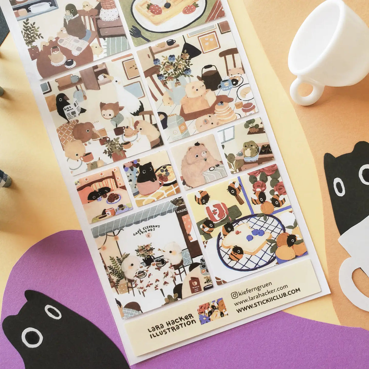 🐻🥞 Morning has never looked sweeter on @kieferngruen’s charming sheet, where fluffy little friends start the day with waffles, coffee, pancakes, and plenty of tiny homey moments. From bees buzzing toward breakfast treats to cozy critters reading the paper, sipping from favorite mugs, and gathering around the table, every scene feels like a soft little peek into their charming morning routines. Sweet, snug, and full of breakfast crumbs and happy company, this sheet is basically a cozy morning in sticker fo
