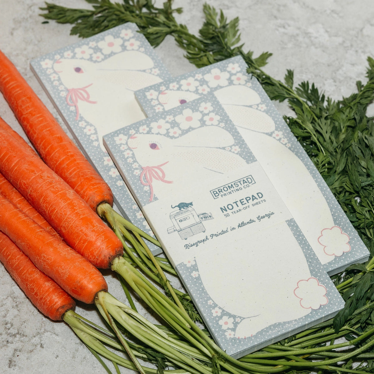 The sweetest little bunny is ready to hold your sweetest notes. Ditsy polka dots and a spray of little white flowers frame the white rabbit. Risograph printed in federal blue and light mauve.