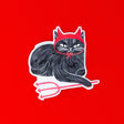 A mischievous cat decked out in devil horns and little pitchfork! This 3" cat sticker is made of a frosted mirror material with shiny red areas, making it purrfect for adorning water bottles, laptops, and more.