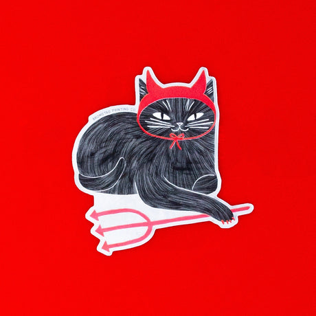 A mischievous cat decked out in devil horns and little pitchfork! This 3" cat sticker is made of a frosted mirror material with shiny red areas, making it purrfect for adorning water bottles, laptops, and more.