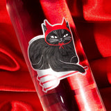 A mischievous cat decked out in devil horns and little pitchfork! This 3" cat sticker is made of a frosted mirror material with shiny red areas, making it purrfect for adorning water bottles, laptops, and more.
