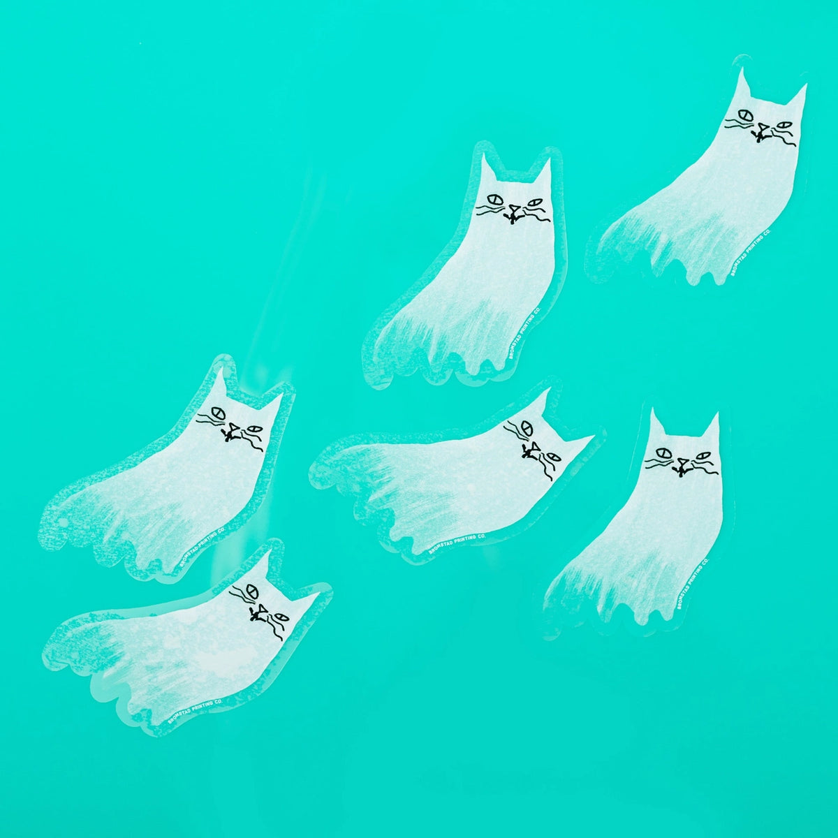 A spooky sticker indeed! Looks like the nine lives are up for this cat, and a slinky specter is all that remains. This 3" clear sticker is purrfect for adorning water bottles, laptops, and more. Drop one in an envelope along with a card as a little treat.