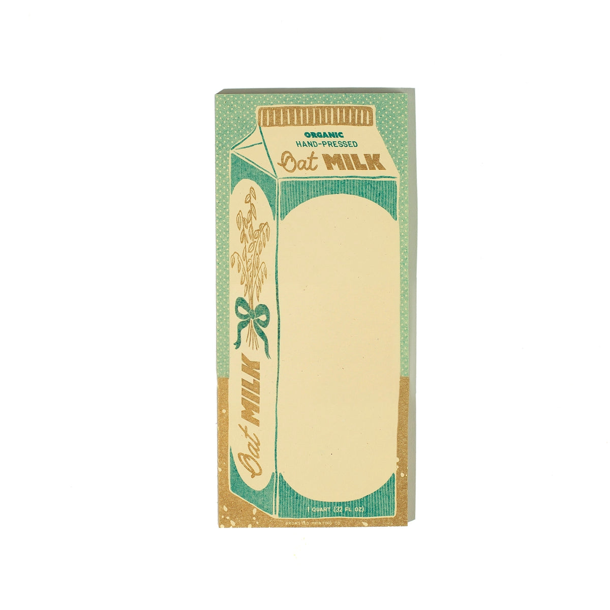Part of the Quart Collection of charming carton-shaped notepads. Oat milk is for the lactose-intolerant and those looking for plant-based alternatives to dairy. Risograph printed in metallic gold and teal on cream paper.