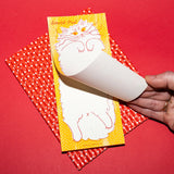 Beware the belly of this cat, you might get scratched as you scratch out your notes. Risograph printed in sunflower yellow and bright red with red glue on the top edge.