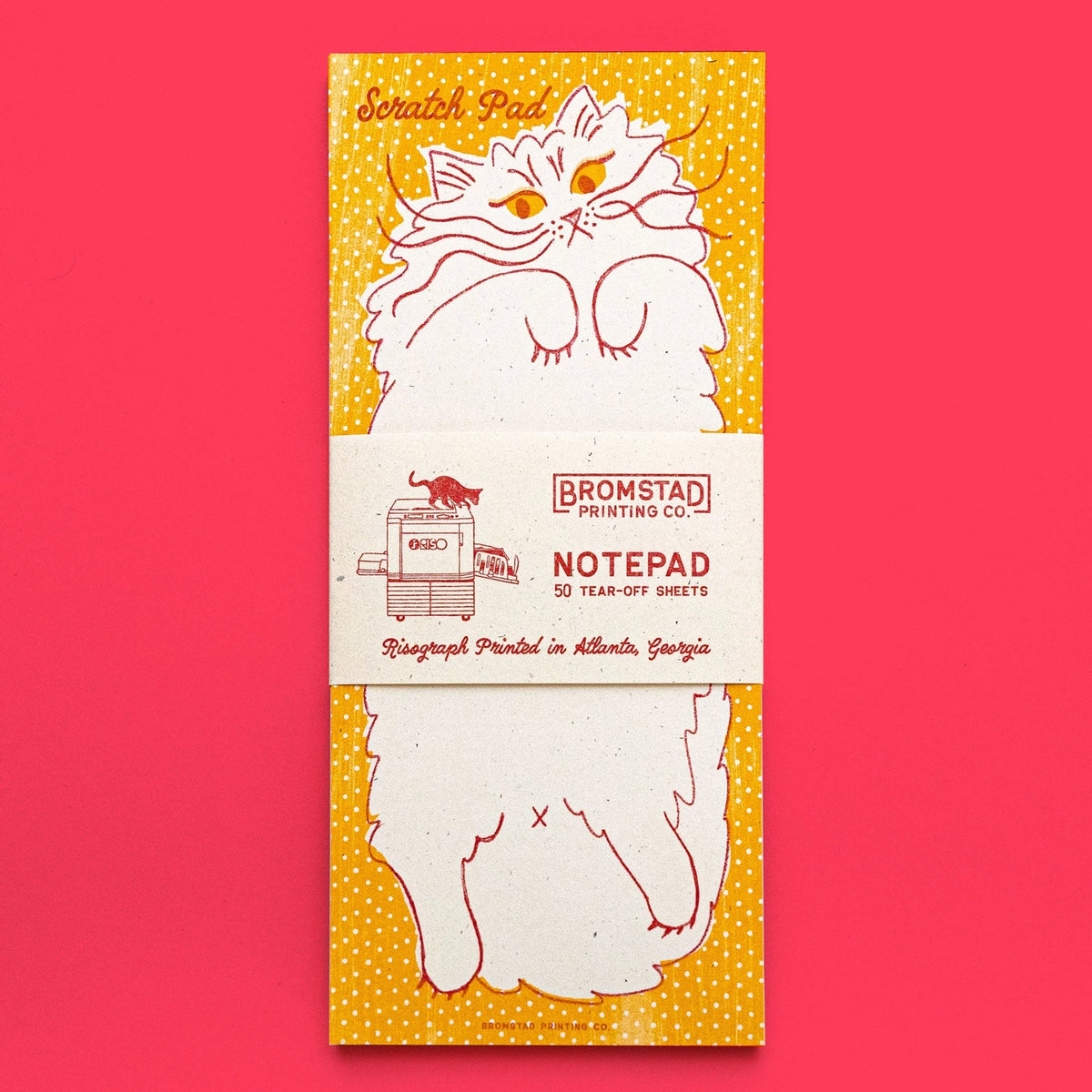 Beware the belly of this cat, you might get scratched as you scratch out your notes. Risograph printed in sunflower yellow and bright red with red glue on the top edge.