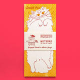 Beware the belly of this cat, you might get scratched as you scratch out your notes. Risograph printed in sunflower yellow and bright red with red glue on the top edge.