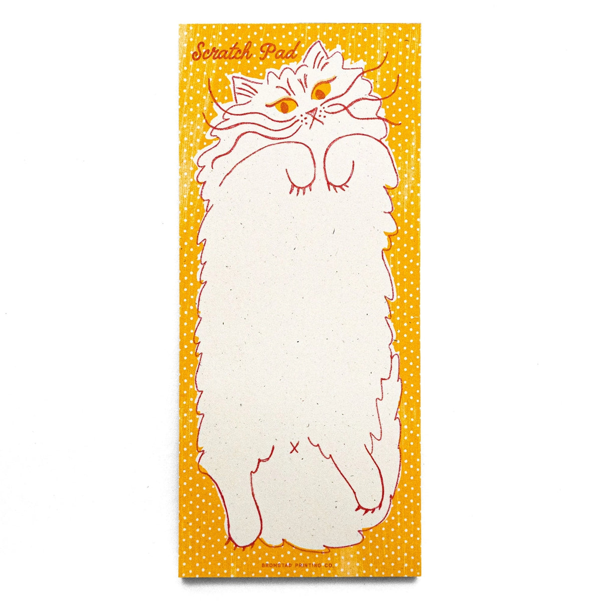 Beware the belly of this cat, you might get scratched as you scratch out your notes. Risograph printed in sunflower yellow and bright red with red glue on the top edge.