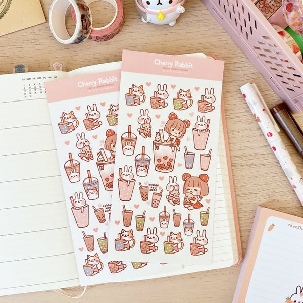Cherry Rabbit Bubble Tea Boba Washi Sticker Sheet