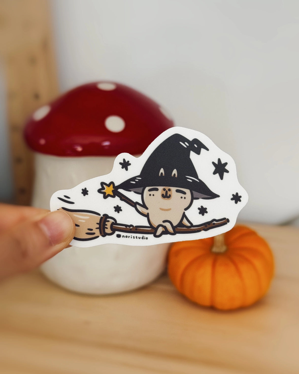 Bubu and Moonch Capybara Witch Riding A Broom Vinyl Sticker