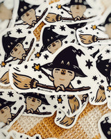 Bubu and Moonch Capybara Witch Riding A Broom Vinyl Sticker