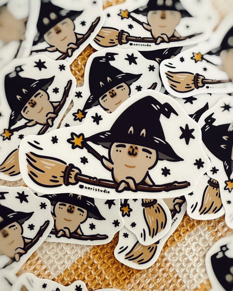 Bubu and Moonch Capybara Witch Riding A Broom Vinyl Sticker