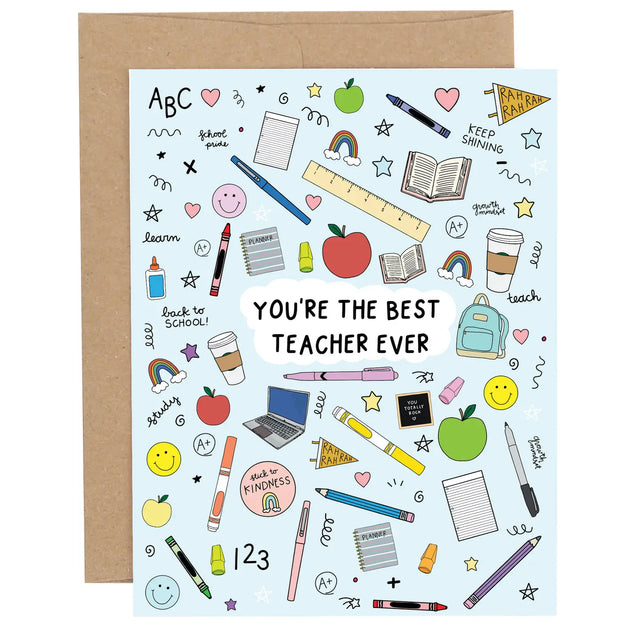 Express your gratitude to the outstanding educator in your life with our "Best Teacher Ever" Blue Thank You Greeting Card. Thoughtfully designed to honor the dedication and hard work of teachers, this card is a perfect way to show your appreciation and say thank you in a meaningful way. The perfect token for Teacher Appreciation Week and a great addition to Teacher gifts!

•Size: 4.25" x 5.5"

•Features: Blank interior, and coordinating envelope