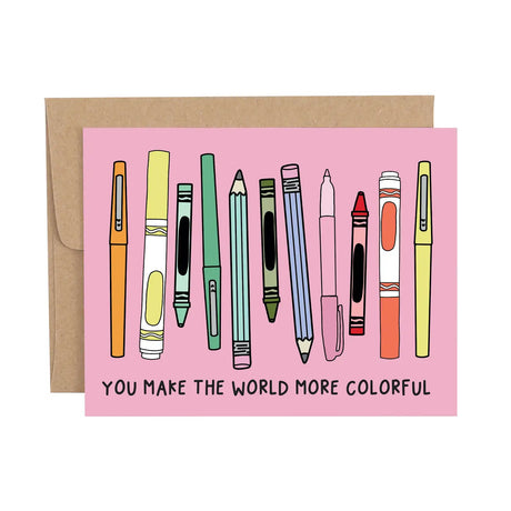 Callie Danielle - You Make the World More Colorful Thank You Greeting Card

Express gratitude in vibrant style with our You Make The World More Colorful Thank You Greeting Card! This artistic card features a colorful array of pens, pencils, and markers, symbolizing creativity and appreciation in every hue.

• Size: A2, 4.25 x 5.5"

•Features: Blank interior, and coordinating envelope
