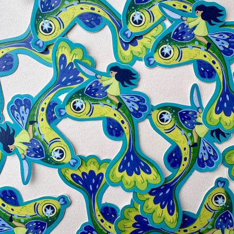 Ride to battle atop a flying fish! A perfect sticker for any fan of whimsy and surrealism.