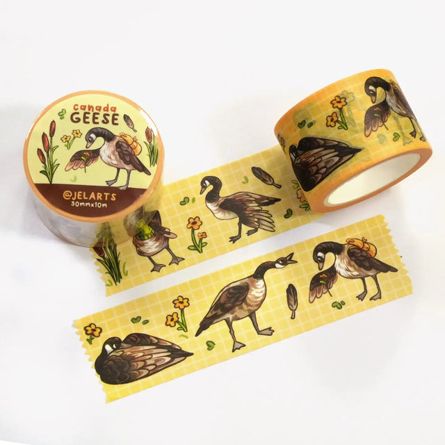 Some silly Canada geese on a wide roll of washi tape!

 * 30mm wide x 10m length 
 * Great for decorating journal spreads, sketchbooks, scrapbooks, and more!
 * Plastic wrapped with a label on one side