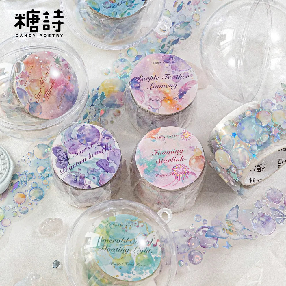 Pop these adorable new bubble themed PET Tapes into your life! These bubble themed tapes include different elements to make the bubbles even cuter such as fish, butterflies, and stars!&nbsp;

Material: PET
Size: 30mm*2000mm (1.18*78.74 inch)
Theme: Bubbles
Includes 1 roll of PET tape