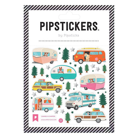 PipStickers are the PERFECT gift for the sticker lover in your life - even if it's you! These unique PVC designs with silver foil accents come on a clear backing and cannot be found anywhere else.

Includes one 4" x 4" sheet of Canines in Campers PipStickers and includes the Pipsticks manifesto.