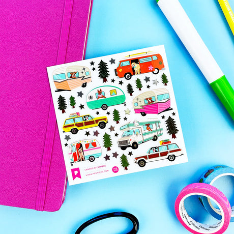 PipStickers are the PERFECT gift for the sticker lover in your life - even if it's you! These unique PVC designs with silver foil accents come on a clear backing and cannot be found anywhere else.

Includes one 4" x 4" sheet of Canines in Campers PipStickers and includes the Pipsticks manifesto.