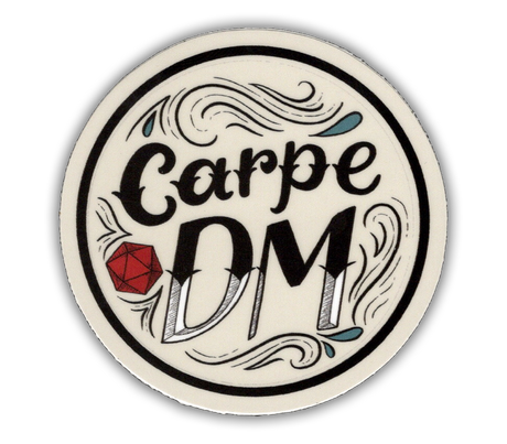 Circular sticker with 'Carpe DM' text and a red die on a white background