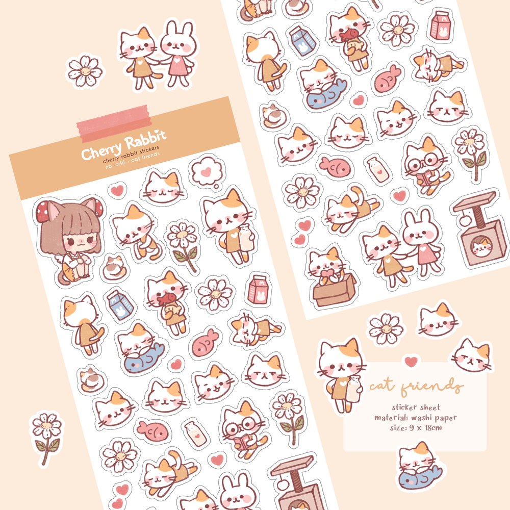 Cherry Rabbit Cat Friends Sticker Sheet