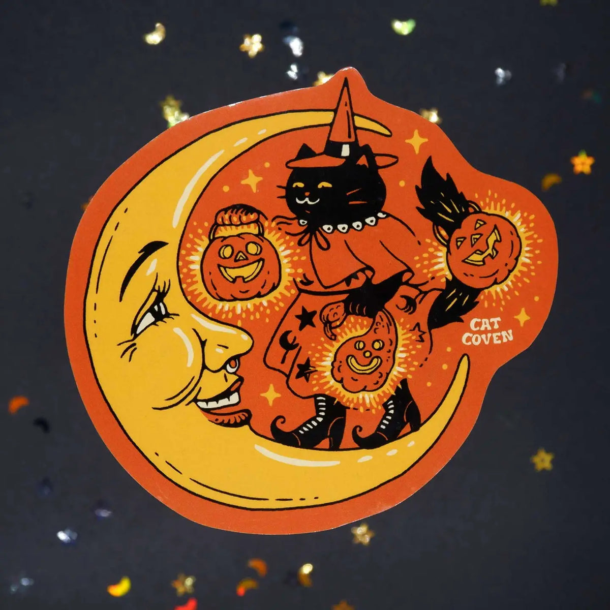 Cat Coven - Cat Witch &amp; Moon Vinyl Sticker

Celebrate Halloween with this new cat witch &amp; moon vinyl sticker! This sticker is perfect for your journal, water bottle, laptop, and more.

Waterproof, UV protected &amp; high temperature resistant
3.75 x 3.4 inches
Colors may vary slightly from your computer screen to real life product