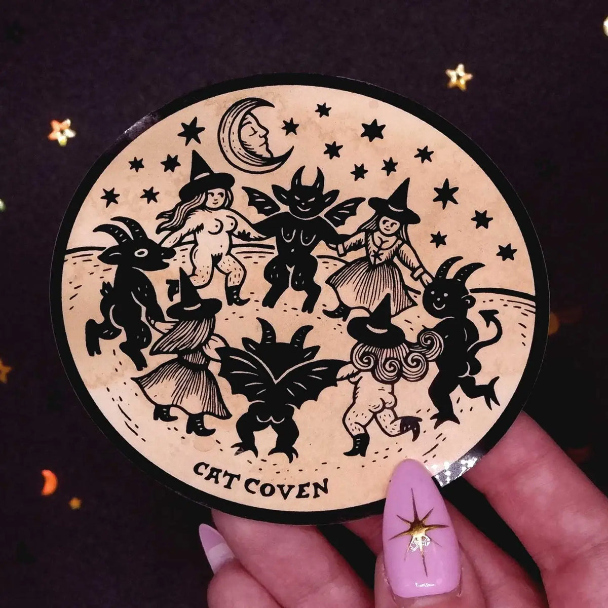 Cat Coven - Circle of Friends Vinyl Sticker

Celebrate your love for Halloween with this new circle of friends vinyl sticker! This sticker is perfect for your journal, water bottle, laptop, and more.

Waterproof, UV protected &amp; high temperature resistant
3.5 x 3.3 inches
Colors may vary slightly from your computer screen to real life product