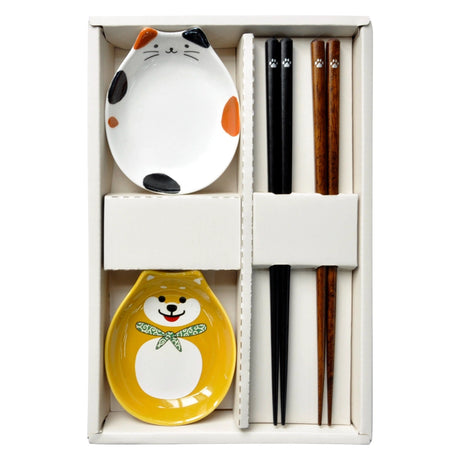 This adorable box set includes 2 sets of chopsticks and dishes.

Size: 9"L chopsticks, 4"L Small Dish
Material: Bamboo and Ceramic
Origin: China