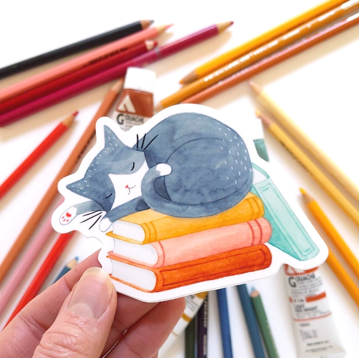 Cat and Books Sticker