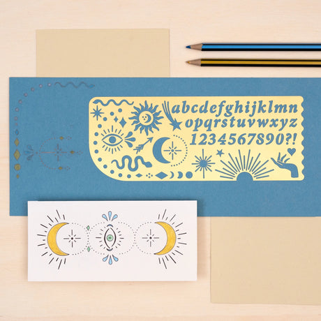 Use this Celestial design to make your own stationary, embellish journals, notebooks, letters, and more with this brass drawing template. The stencil can be used with felt tips, pencils, or even paint - it is water-resistant and can be easily cleaned.