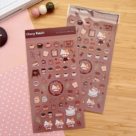 Clear transparent stickers! Decorate your planner / diary with these little stickers of a cat’s coffee shop ☕🐈✨

Kiss cut sticker sheet
1 sheet
Sheet size: 9 x 18 cm
Material: Clear PET