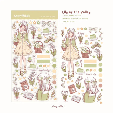 Clear transparent sticker sheet! Decorate your planner / diary with these lily of the valley themed stickers!

Kiss cut sticker sheet (stamp style)
1 sheet
Sheet size: 9 x 18 cm
Material: Clear PET