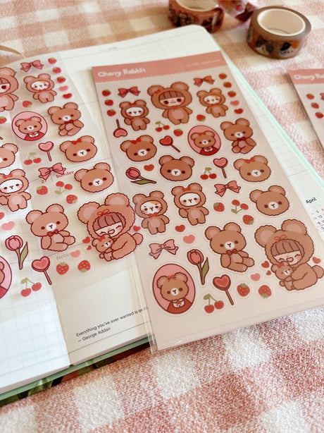 Cherry Rabbit Teddy Bear Sticker Sheet