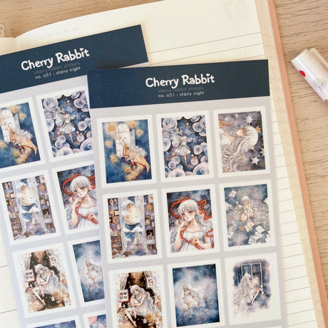 Cherry Rabbit Starry Night Stamps Washi Sticker Sheet 051
