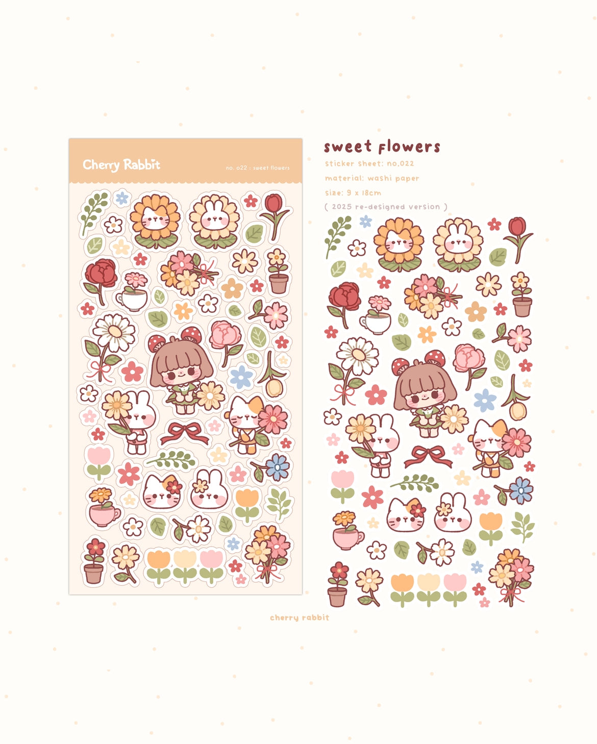 Cherry Rabbit Sweet Flowers Sticker Sheet No. 022

Kiss cut sticker sheet

Sheet size: 9 x 18 cm

Material: Washi sticker / Masking sticker