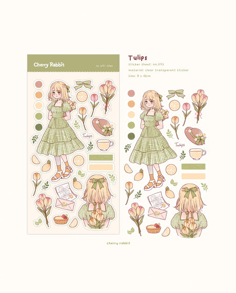 Cherry Rabbit Tulips Sticker Sheet No. 72

Kiss cut sticker sheet

Sheet size: 9 x 18 cm

Material: Washi sticker / Masking sticker