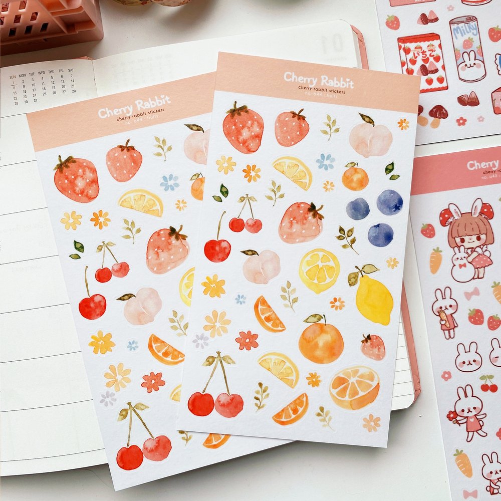 Cherry Rabbit Watercolor Fruits Sticker Sheet