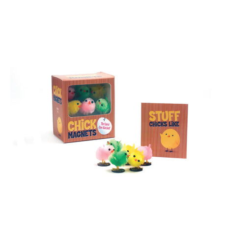 Contrary to what you're thinking, this kit includes exactly what it says: chicks -- that are magnets! Kit contains a half a dozen magnetic pom-pom chicks that are so precious you will want to stick them on any magnetic surface to add some "ridiculously cute" to your home or workplace. Also included is a sweet and amusing mini book, Stuff Chicks Like, fully illustrated throughout. This adorable kit is sure to be an irresistible impulse item at Easter time or anytime!