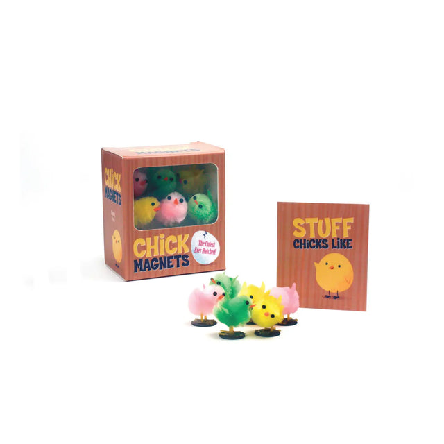 Contrary to what you're thinking, this kit includes exactly what it says: chicks -- that are magnets! Kit contains a half a dozen magnetic pom-pom chicks that are so precious you will want to stick them on any magnetic surface to add some "ridiculously cute" to your home or workplace. Also included is a sweet and amusing mini book, Stuff Chicks Like, fully illustrated throughout. This adorable kit is sure to be an irresistible impulse item at Easter time or anytime!