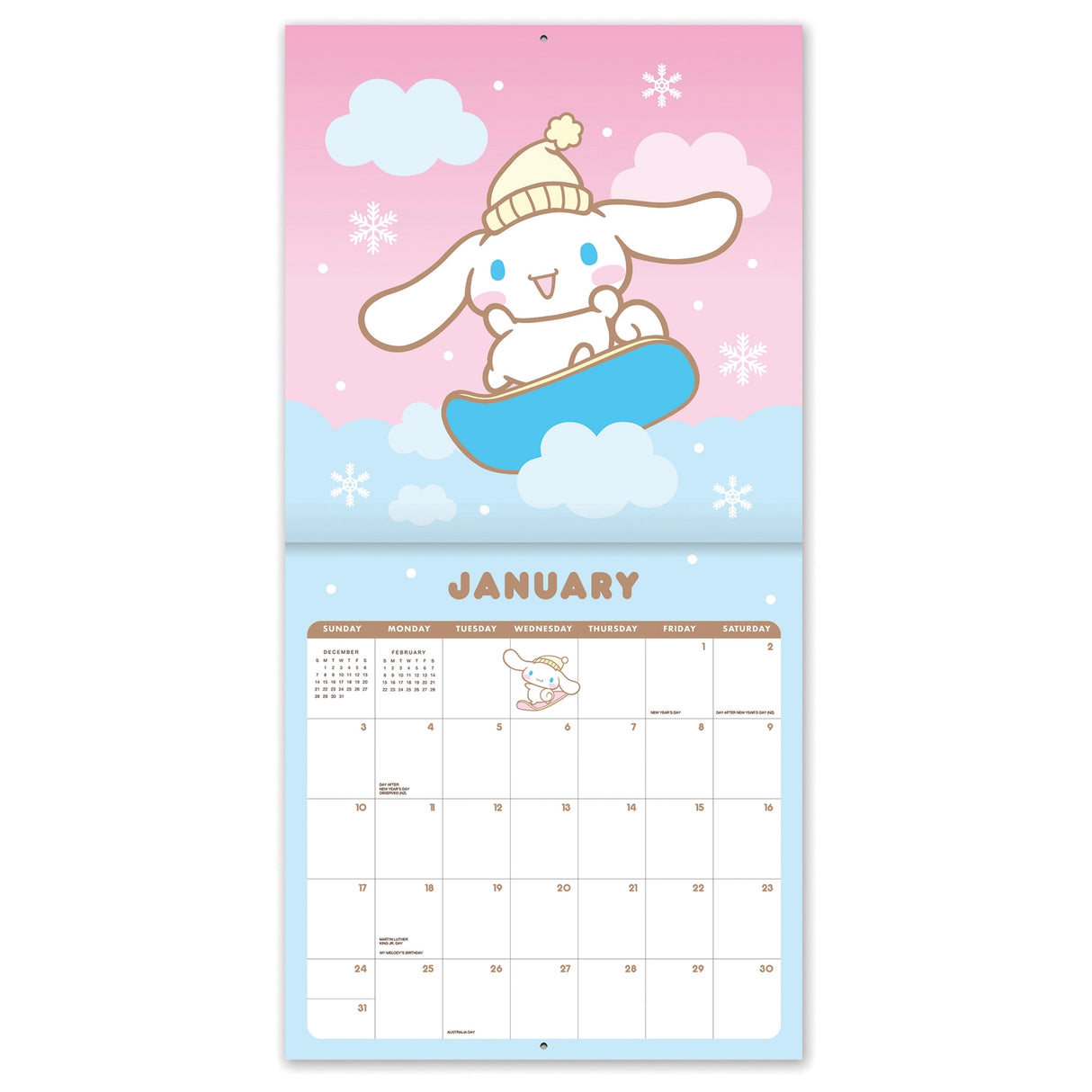 Make 2027 your best year yet with this classic 12" × 12" Cinnamoroll™ Wall Calendar (Jan.–Dec. 2027). Filled with adorable artwork, this 12-month calendar doubles as cheerful wall décor, brightening any space while helping you stay organized all year.

• 12"w x 12"h closed 
• 12 months (Jan.–Dec. 2027) • 13 pages; 150 gsm acid-free, FSC®-certified paper 
• Saddle-stitch binding 

© 2026 SANRIO CO., LTD. Used Under License.

