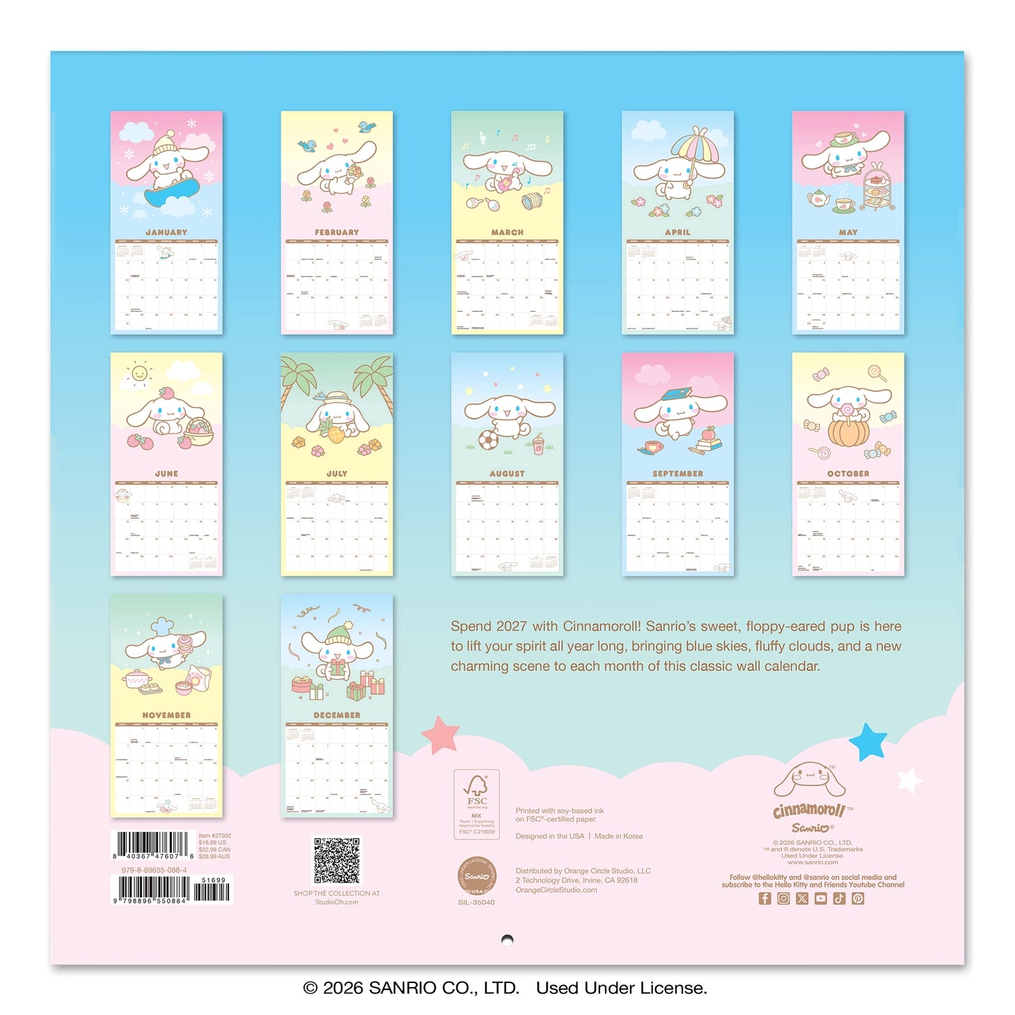 Make 2027 your best year yet with this classic 12" × 12" Cinnamoroll™ Wall Calendar (Jan.–Dec. 2027). Filled with adorable artwork, this 12-month calendar doubles as cheerful wall décor, brightening any space while helping you stay organized all year.

• 12"w x 12"h closed 
• 12 months (Jan.–Dec. 2027) • 13 pages; 150 gsm acid-free, FSC®-certified paper 
• Saddle-stitch binding 

© 2026 SANRIO CO., LTD. Used Under License.

