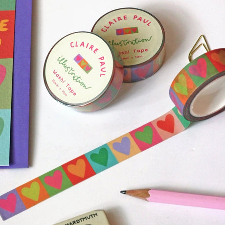 Cute &amp; colourful washi tape with a multi-coloured love hearts design! Perfect for Valentine's Day.

This paper masking tape is perfect for decorating your bullet journal and planners, scrapbooking &amp; gift wrapping. It'll add some fun and colour to any surface and is easy to peel off.

10m x 15mm
