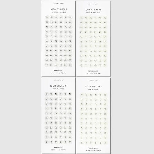 Refine your planning routine with our Healthy Planning Sticker Set, designed to help you stay consistent with both physical wellness and meal planning goals. Featuring our signature Ash and Angora colors, these transparent stickers layer beautifully over any planner spread without adding visual clutter.

Features

 * Printed on transparent material for a seamless, luxe look 
 * 264 total stickers: 4 sheets with 66 stickers each 
 * Includes 2 Physical Wellness sheets: 1 in Ash, 1 in Angora 
 * Includes 2 Me