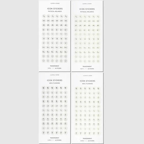 Refine your planning routine with our Healthy Planning Sticker Set, designed to help you stay consistent with both physical wellness and meal planning goals. Featuring our signature Ash and Angora colors, these transparent stickers layer beautifully over any planner spread without adding visual clutter.

Features

 * Printed on transparent material for a seamless, luxe look 
 * 264 total stickers: 4 sheets with 66 stickers each 
 * Includes 2 Physical Wellness sheets: 1 in Ash, 1 in Angora 
 * Includes 2 Me