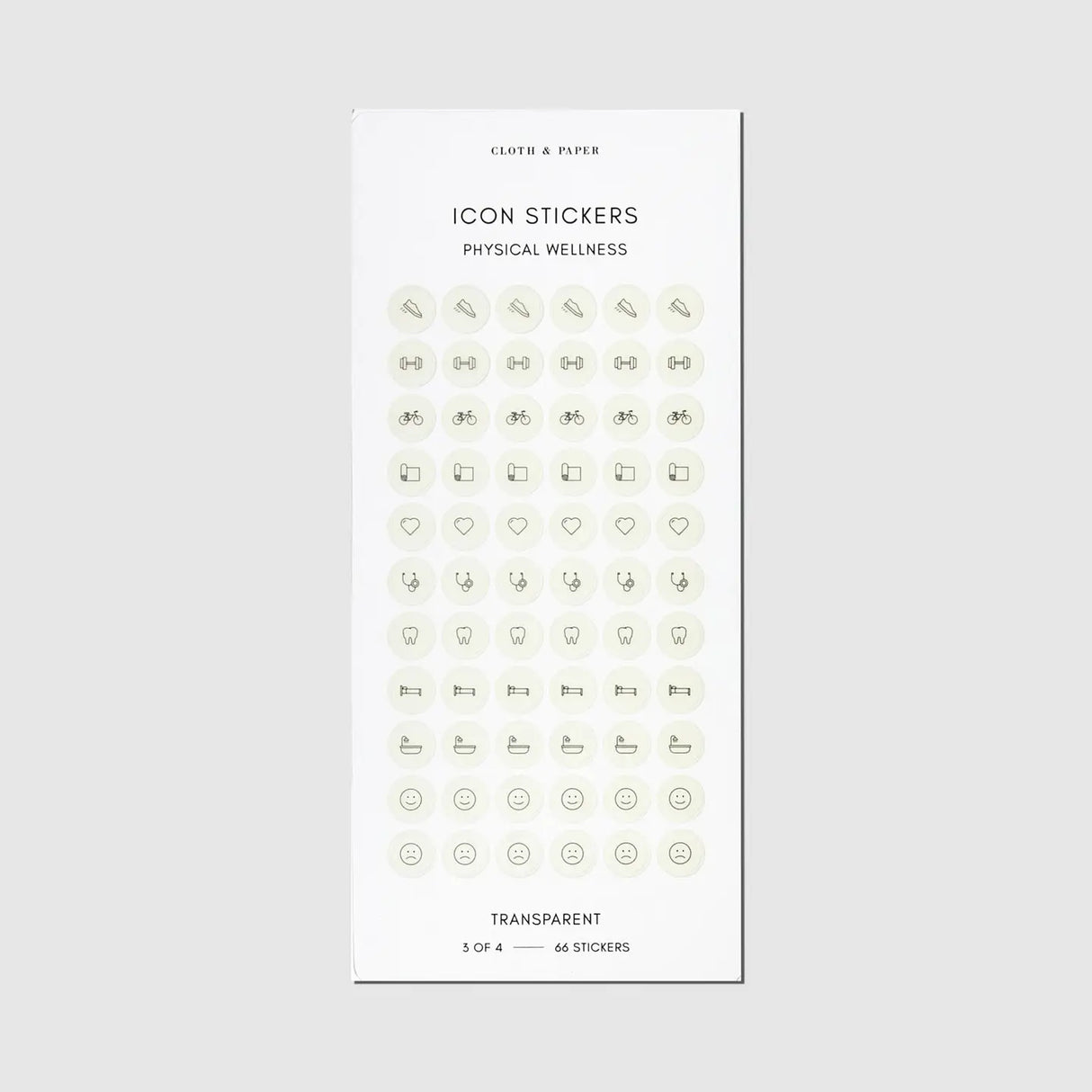 Refine your planning routine with our Healthy Planning Sticker Set, designed to help you stay consistent with both physical wellness and meal planning goals. Featuring our signature Ash and Angora colors, these transparent stickers layer beautifully over any planner spread without adding visual clutter.

Features

 * Printed on transparent material for a seamless, luxe look 
 * 264 total stickers: 4 sheets with 66 stickers each 
 * Includes 2 Physical Wellness sheets: 1 in Ash, 1 in Angora 
 * Includes 2 Me